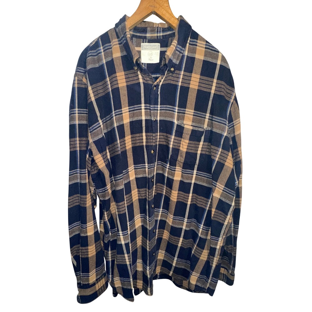 NorthCrest The Hunt Mens XL Flannel Shirt Navy Blue Tan Plaid Long Sleeve Button